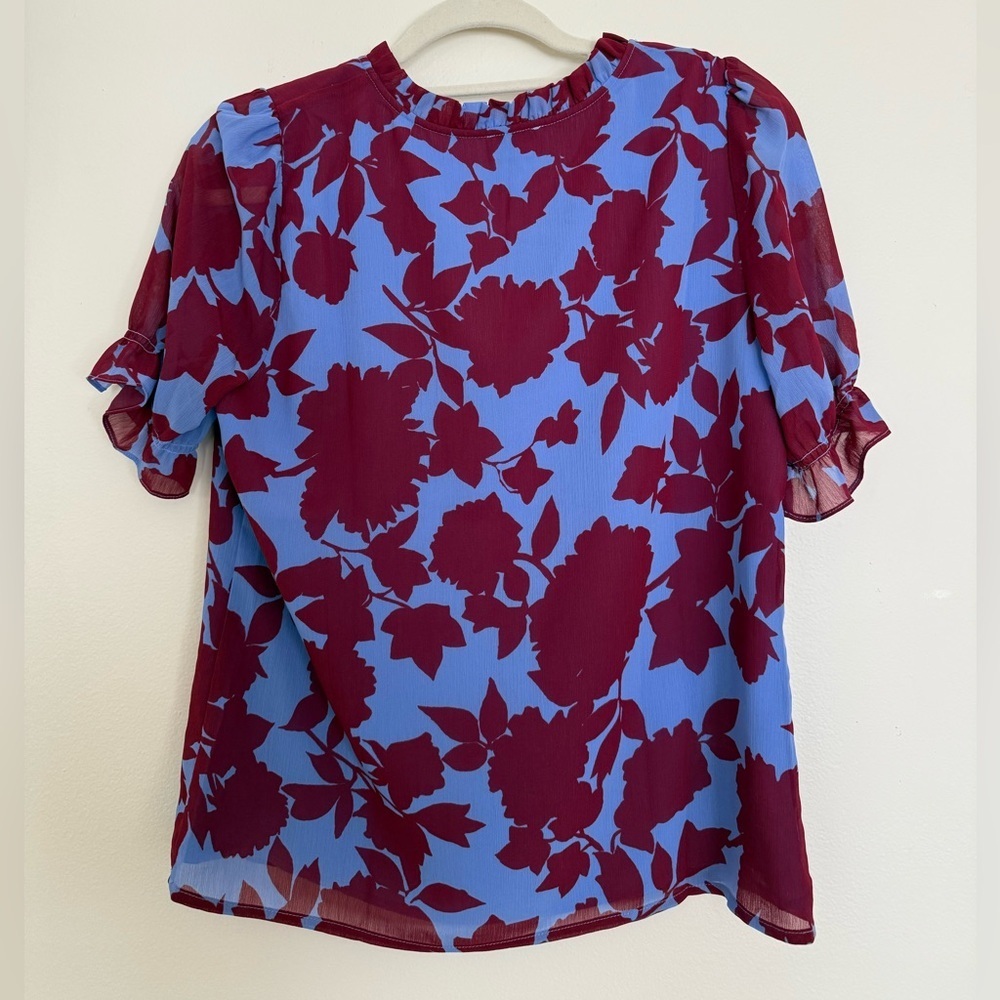 Jcrew Small Floral Print Short-Sleeve Blouse - Blue & Burgundy - Picture 2 of 4